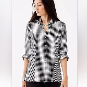 J. Jill Gingham Shirt Black White Plaid Cotton Flannel Petite Small Pockets